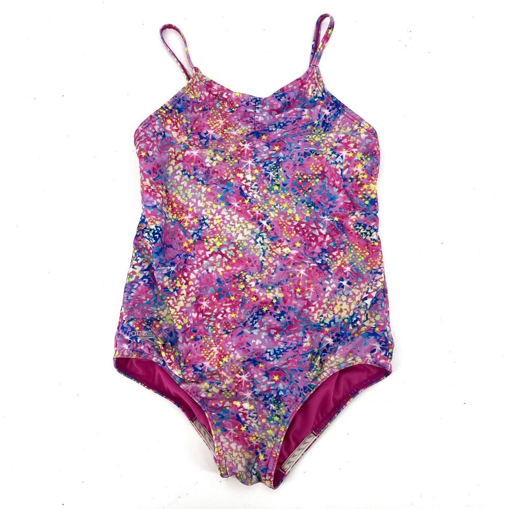 Speedo girl's Large Pink pattern Thin Stap One piece Swimsuit